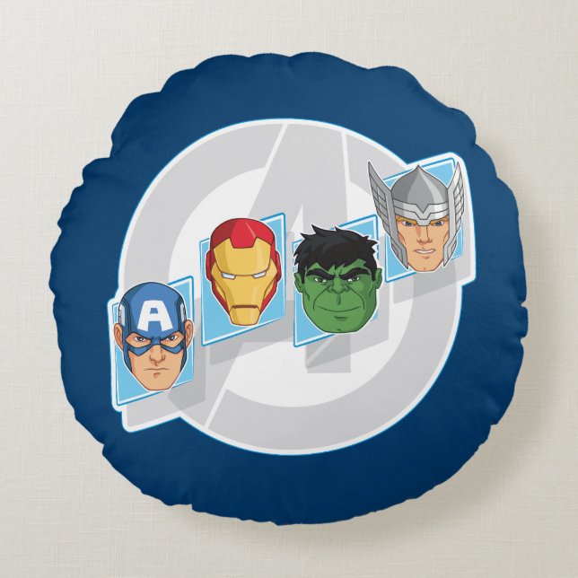 Avengers Character Faces Over Logo Round Pillow (Front)