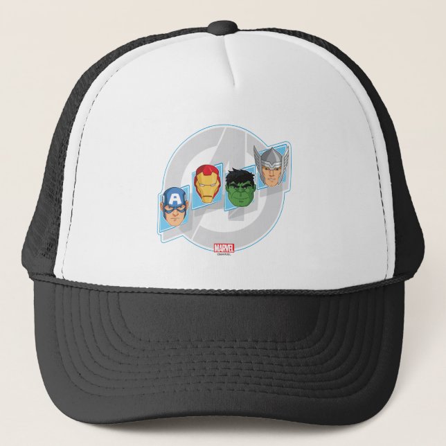 Avengers Character Faces Over Logo Trucker Hat (Front)