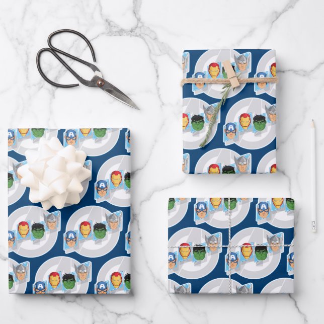 Avengers Character Faces Over Logo Wrapping Paper Sheets (Front)