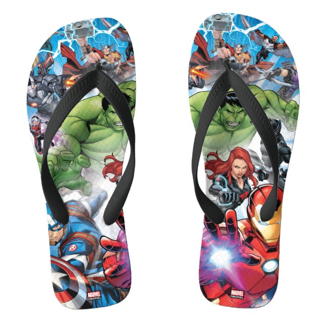 Avengers Classics | Avengers Assemble Into Action Flip Flops (Footbed)