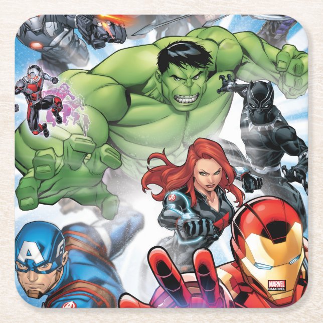 Avengers Classics | Avengers Assemble Into Action Square Paper Coaster (Front)
