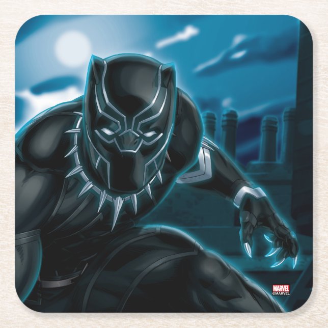 Avengers Classics | Black Panther On Rooftop Square Paper Coaster (Front)