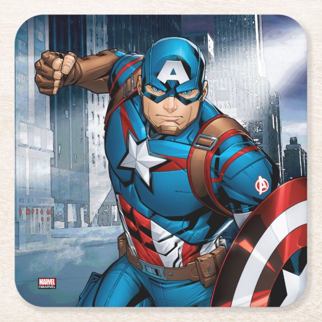 Avengers Classics | Captain America Runs Forward Square Paper Coaster (Front)
