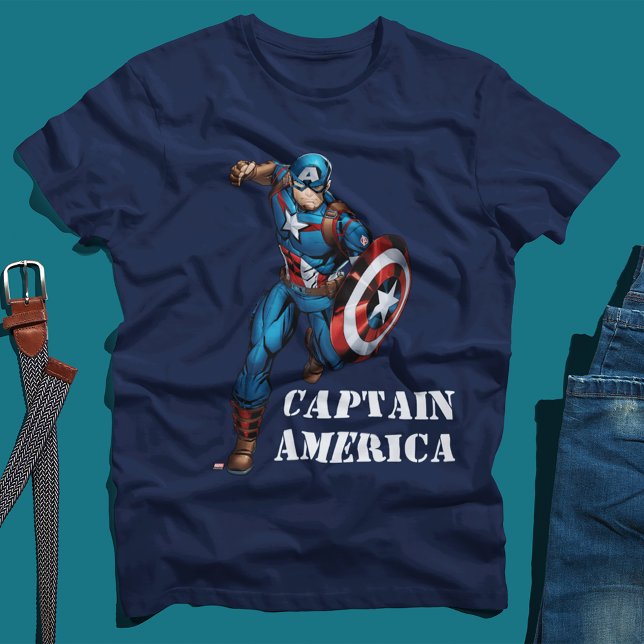 Avengers Classics | Captain America Runs Forward T-Shirt (Shirt on table)