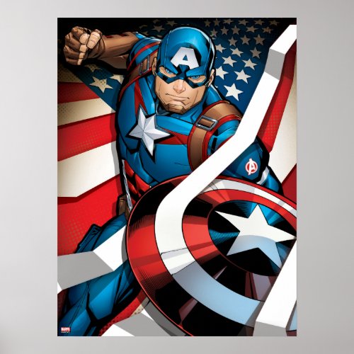 Avengers Classics | Captain America With Stripes Poster - Check out Captain America holding his shield ready, white stripes of the American flag flowing around him.