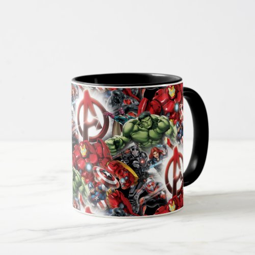 Avengers Classics | Glowing Logo Avengers Group Mug - Check out the Avengers assembled behind a glowing Avengers Logo: Ant-Man, Black Widow, War Machine, Hulk, Vision, Hulkbuster, Captain America, and Black Panther.