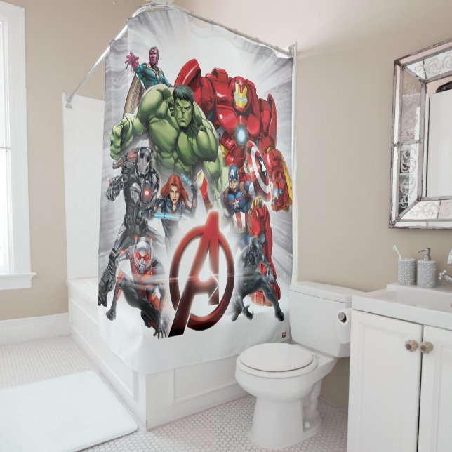 Avengers Classics | Glowing Logo Avengers Group Shower Curtain (In Situ)
