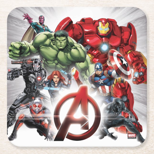 Avengers Classics | Glowing Logo Avengers Group Square Paper Coaster (Front)