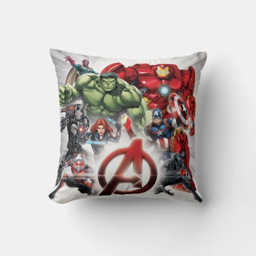 Avengers Classics | Glowing Logo Avengers Group Throw Pillow - Check out the Avengers assembled behind a glowing Avengers Logo: Ant-Man, Black Widow, War Machine, Hulk, Vision, Hulkbuster, Captain America, and Black Panther.