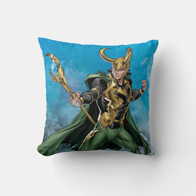 Avengers Classics | Loki With Staff Throw Pillow (Front)