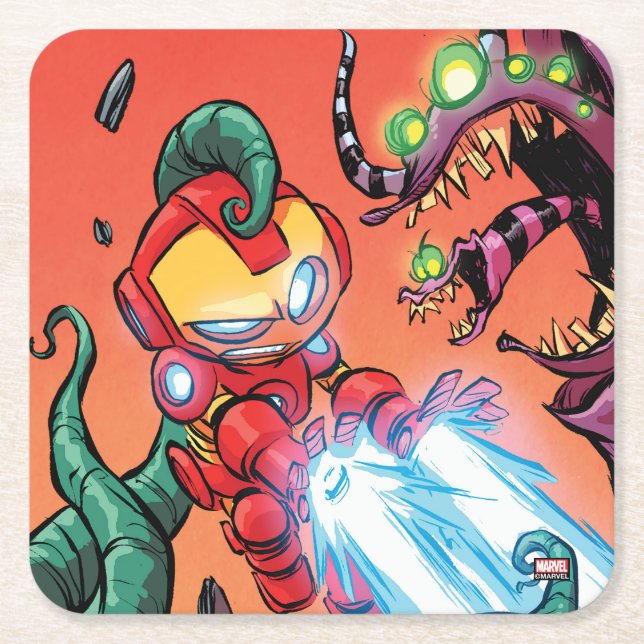 Avengers Classics | Mini Iron Man Blasting Monster Square Paper Coaster (Front)