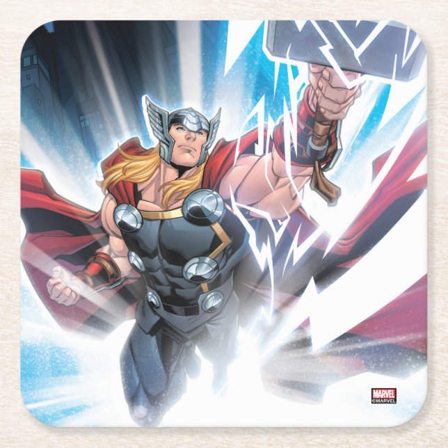 Avengers Classics | Mjolnir Channeling Lightning Square Paper Coaster (Front)