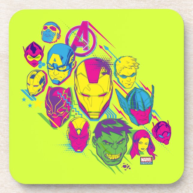 Avengers Classics | Neon Avenger Faces Graphic Beverage Coaster (Front)