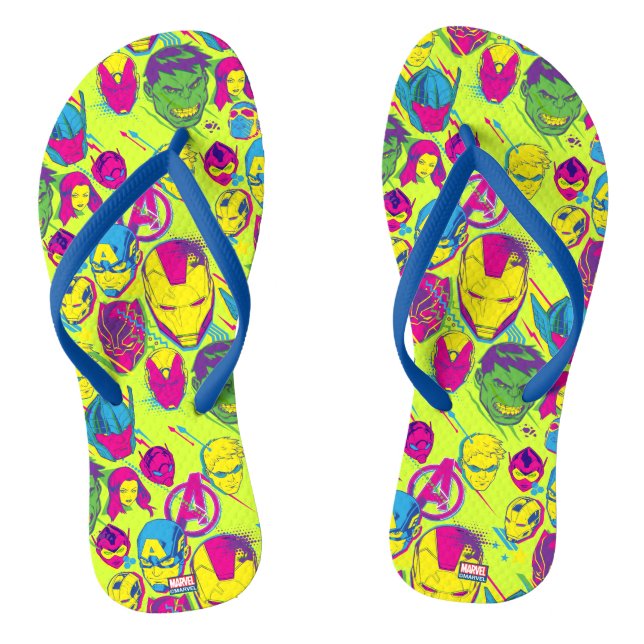 Avengers Classics | Neon Avenger Faces Graphic Flip Flops (Footbed)