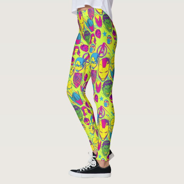 Avengers Classics | Neon Avenger Faces Graphic Leggings (Left)