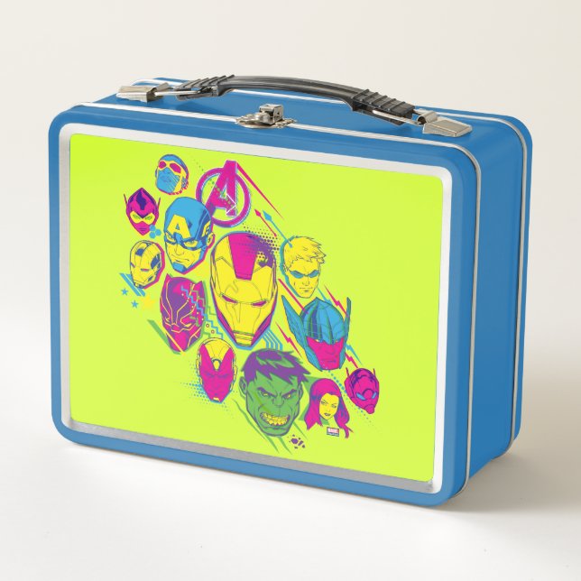 Avengers Classics | Neon Avenger Faces Graphic Metal Lunch Box (Front)