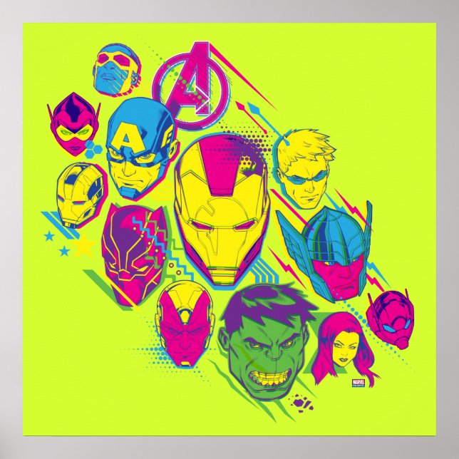 Avengers Classics | Neon Avenger Faces Graphic Poster (Front)