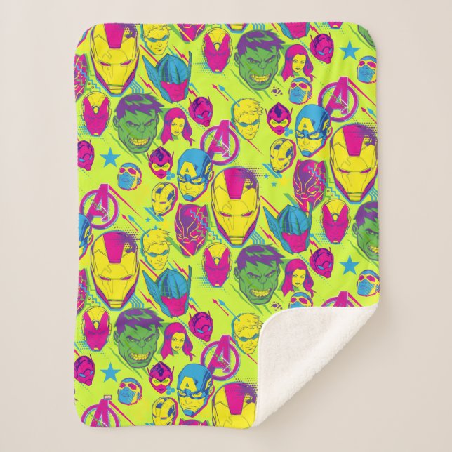 Avengers Classics | Neon Avenger Faces Graphic Sherpa Blanket (Front)