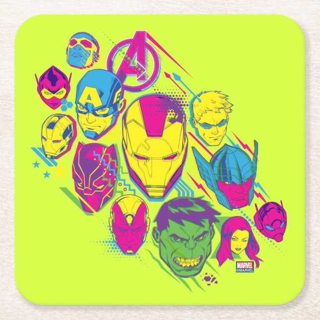 Avengers Classics | Neon Avenger Faces Graphic Square Paper Coaster (Front)