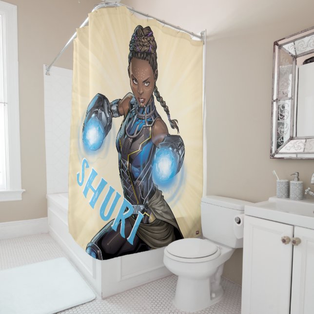 Avengers Classics | Shuri Leap With Gauntlets Shower Curtain (In Situ)