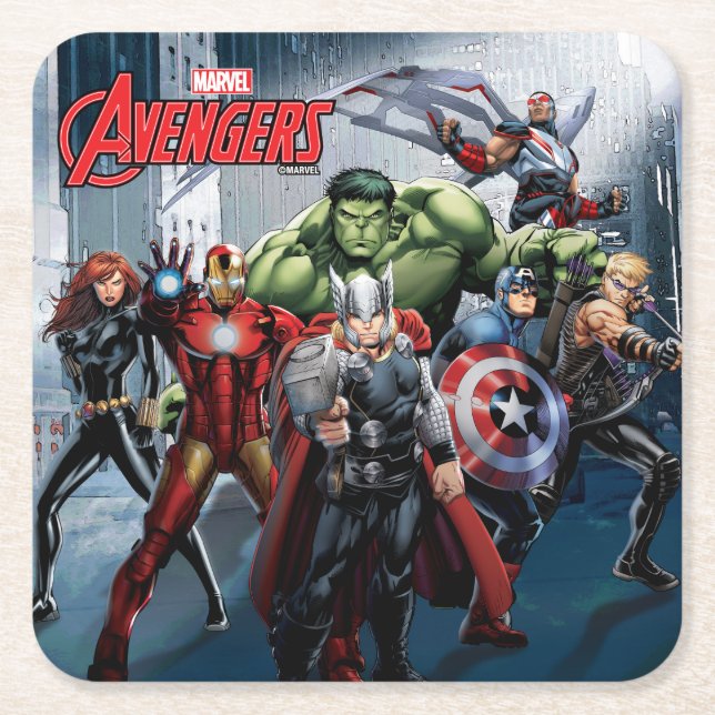 Avengers Classics | Thor Leading Avengers Square Paper Coaster (Front)