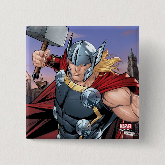 Avengers Classics | Thor Leaping With Mjolnir Button (Front)