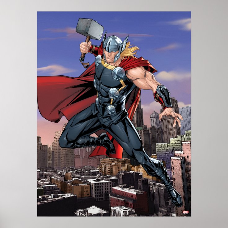 Avengers Classics | Thor Leaping With Mjolnir Poster | Zazzle