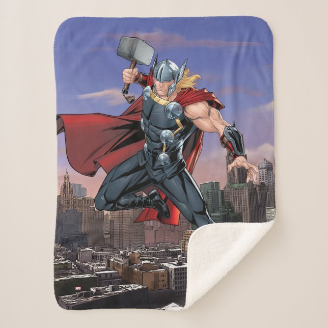 Avengers Classics | Thor Leaping With Mjolnir Sherpa Blanket (Front)