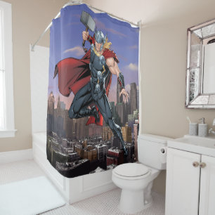 Avengers Classics   Thor Leaping With Mjolnir Shower Curtain
