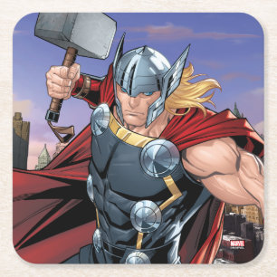 Avengers Classics Thor Leaping With Mjolnir Square Paper Coaster