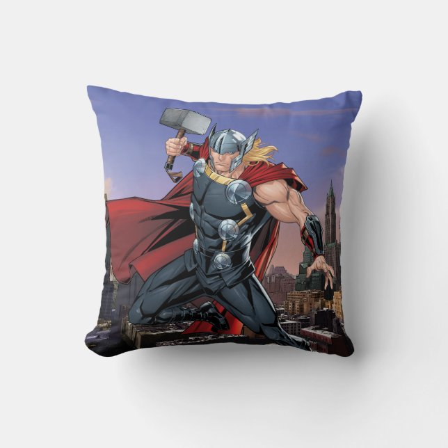 Avengers Classics | Thor Leaping With Mjolnir Throw Pillow (Front)