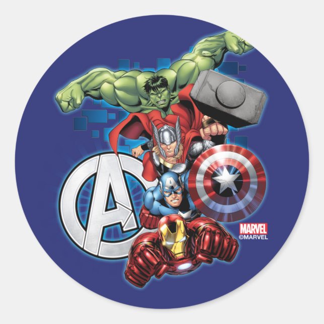 Avengers | High Tech Stacked Group & Logo Classic Round Sticker (Front)