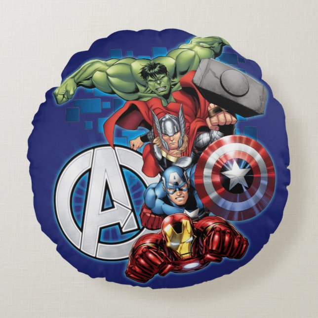 Avengers | High Tech Stacked Group & Logo Round Pillow (Front)