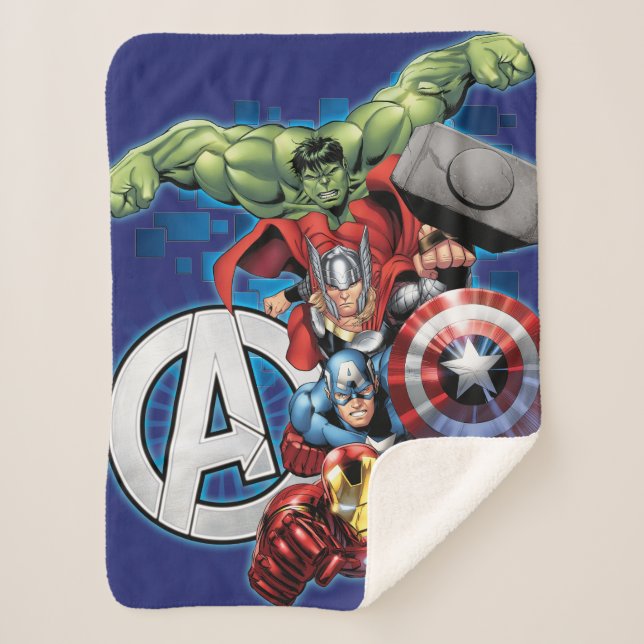 Avengers | High Tech Stacked Group & Logo Sherpa Blanket (Front)