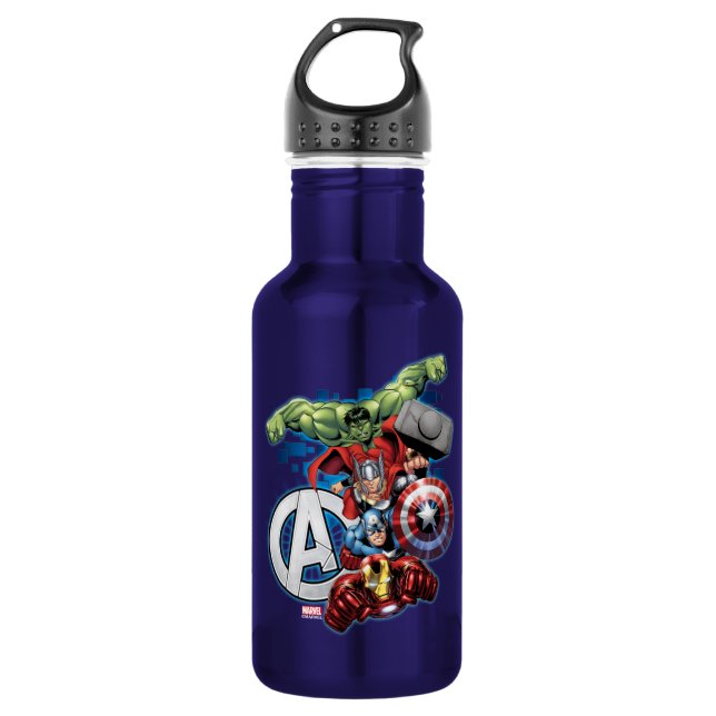 Avengers | High Tech Stacked Group & Logo Stainless Steel Water Bottle (Front)