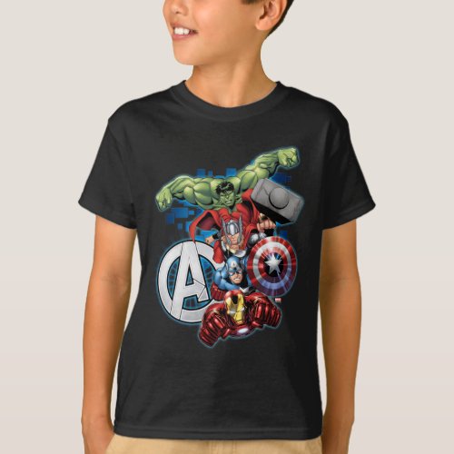 Avengers | High Tech Stacked Group & Logo T-Shirt - Check out Hulk, Thor, Captain America, and Iron Man stacked vertically in this high tech style graphic, featuring the Avengers Logo with starburst lighting.