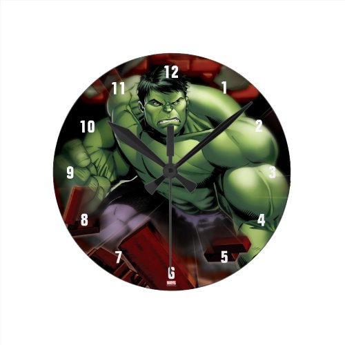 Avengers Hulk Smashing Through Bricks Round Clock - Hulk | This comic panel features The Hulk smashing through a red brick wall.