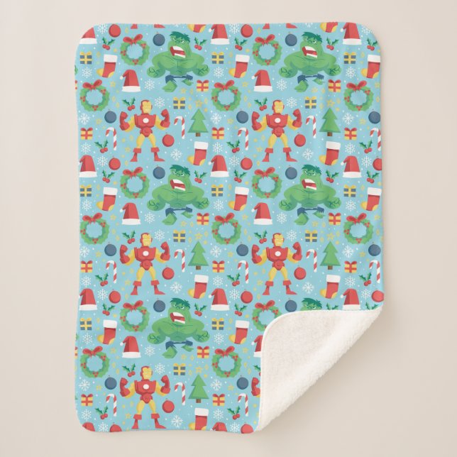Avengers | Iron Man & Hulk Holiday Pattern Sherpa Blanket (Front)