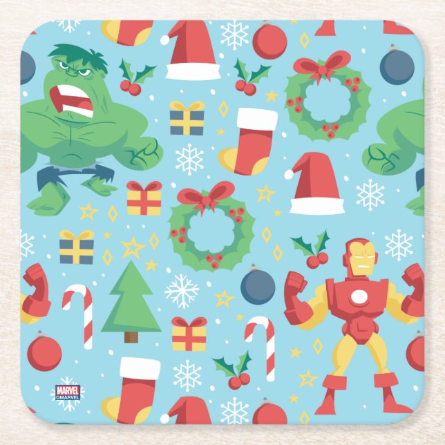Avengers | Iron Man & Hulk Holiday Pattern Square Paper Coaster (Front)