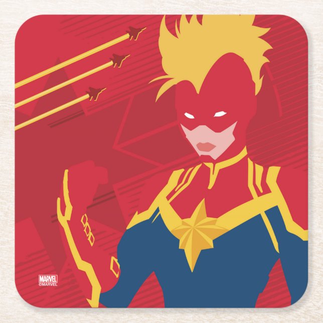 Avengers | Minimalist Captain Marvel Red Jet Art Square Paper Coaster (Front)