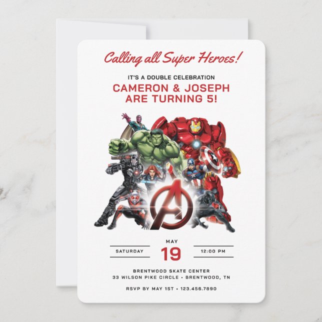 Avengers Superhero Twins Birthday Invitation (Front)