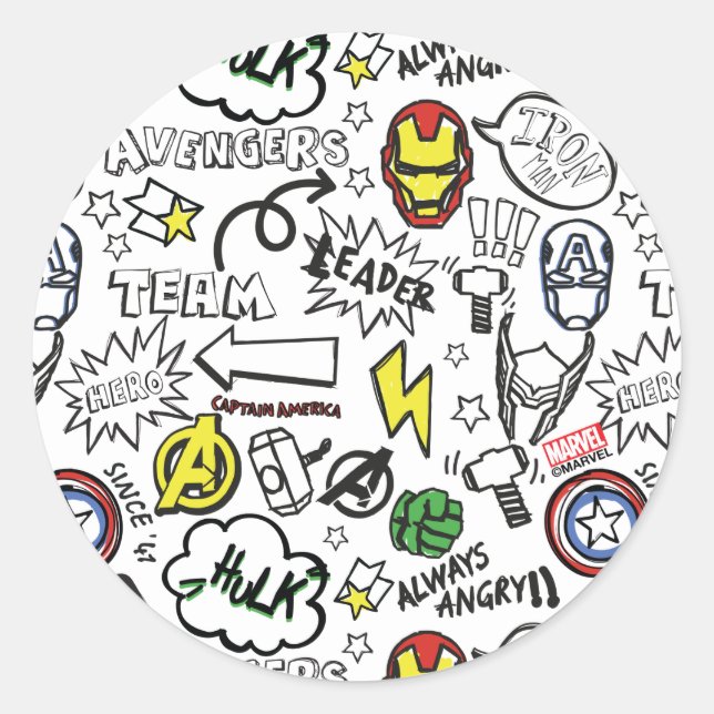 Avengers Symbols Doodle Pattern Classic Round Sticker (Front)