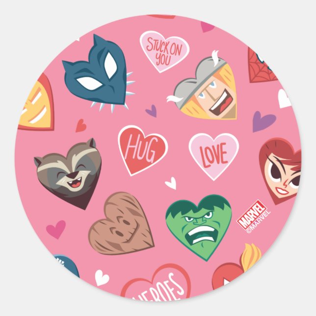 Avengers Valentine's Day | Hero Hearts Pattern Classic Round Sticker (Front)