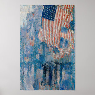 Avenue in the Rain, American Flags Painting Poster