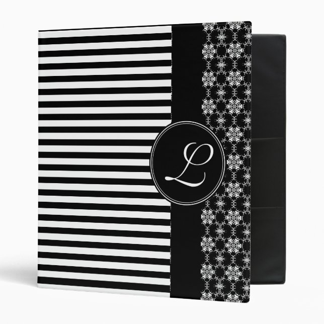 Avery Binder, Custom Monogram Pretty Pattern Black 3 Ring Binder (Front/Inside)