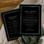 AVERY Black Wedding Weekend Itinerary Template<br><div class="desc">This wedding weekend itinerary template from the Avery Suite features a dark black background, a slim white double frame, and clean sans serif type. It creates a modern, polished look suited to city venues, galleries, and evening weddings. The front of the welcome bag note features a wedding welcome letter and...</div>