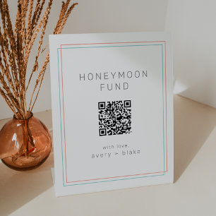AVERY Coral Teal QR Code Wedding Honeymoon Fund Pedestal Sign