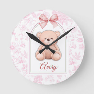 Avery   Custom Pink Teddy Bear Nursery Design  Round Clock