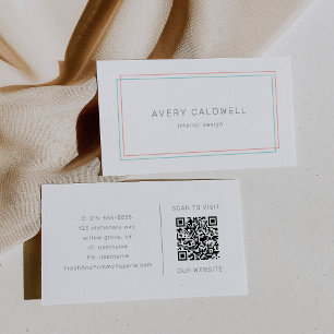 AVERY Minimalist Coral and Teal Border QR Code Business Card