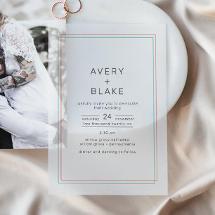 AVERY Modern Coral and Teal Border Wedding Vellum Invitations
